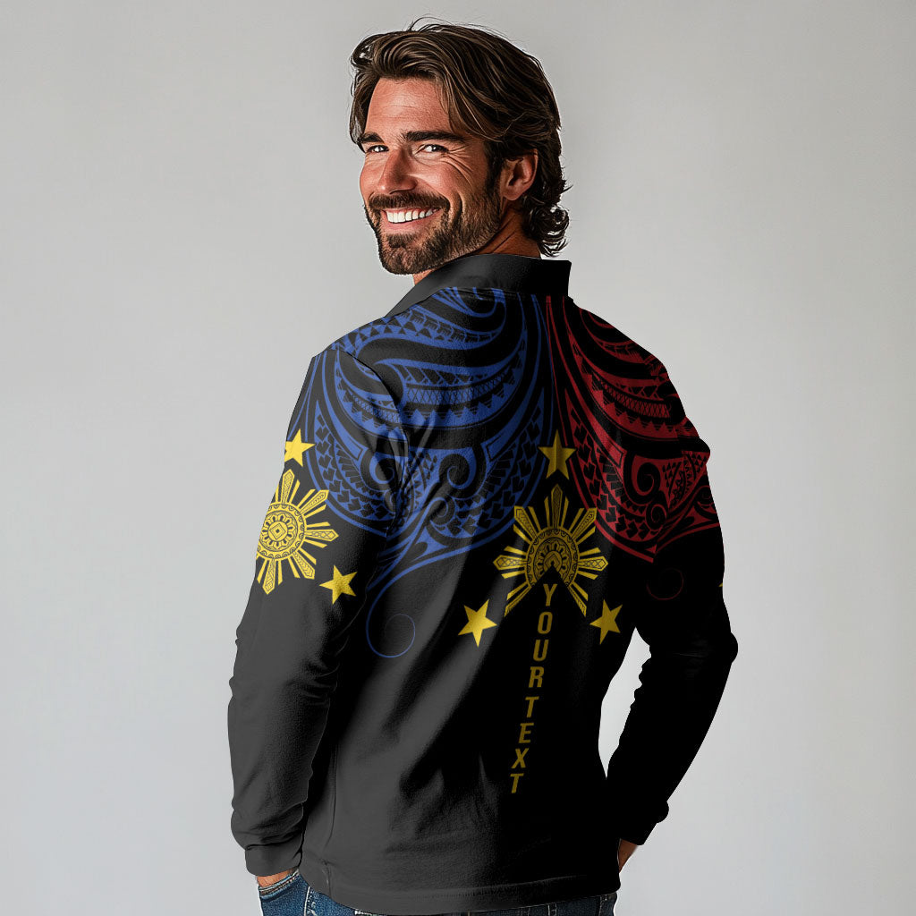 Philippines Heritage Personalized Long Sleeve Polo Shirt Baybayin Philipinas Sun