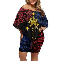 Philippines Heritage Personalized Off Shoulder Short Dress Baybayin Philipinas Sun