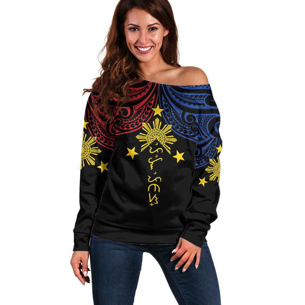Philippines Heritage Personalized Off Shoulder Sweater Baybayin Philipinas Sun