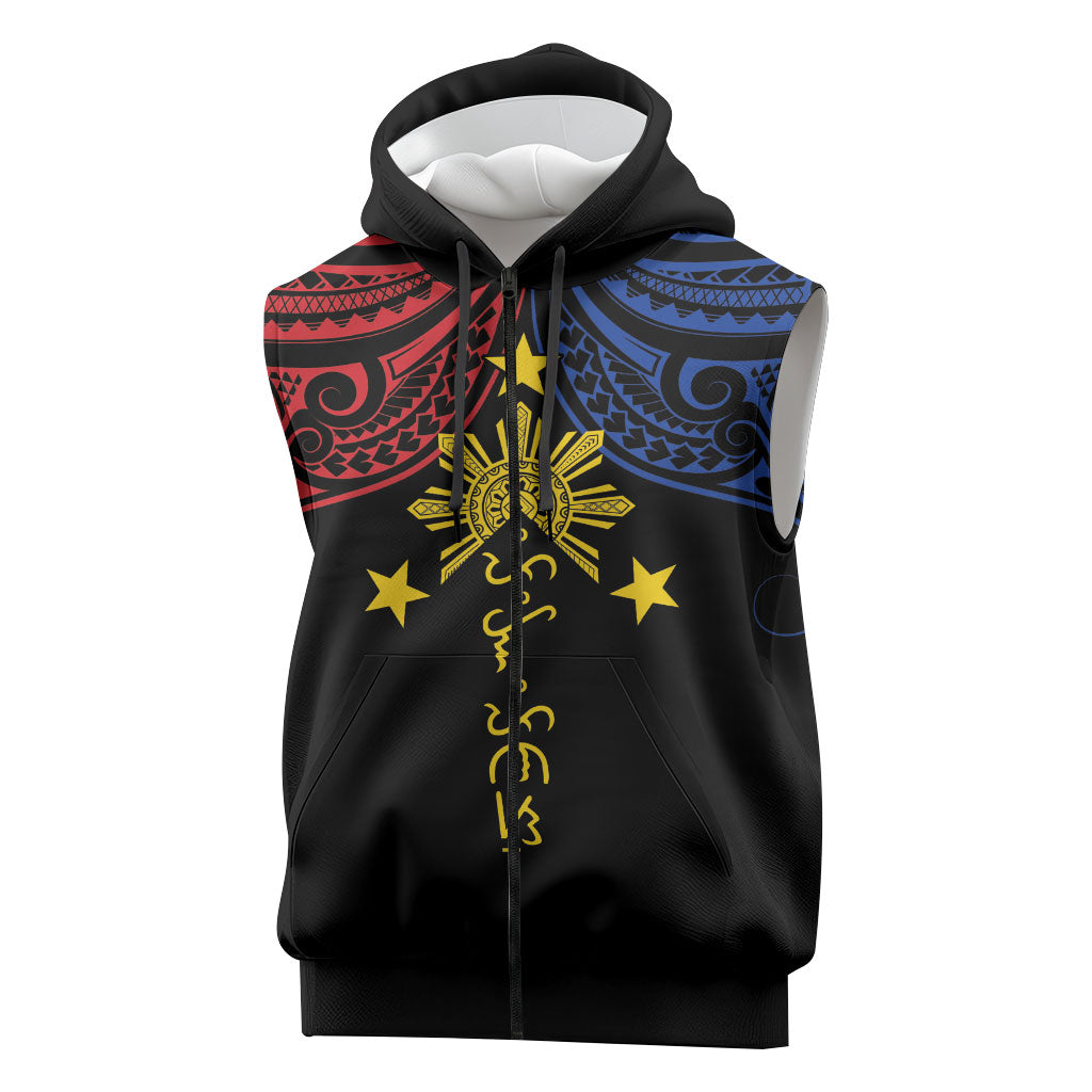 Philippines Heritage Personalized Sleeveless Zip Hoodie Baybayin Philipinas Sun LT7 Black - Polynesian Pride