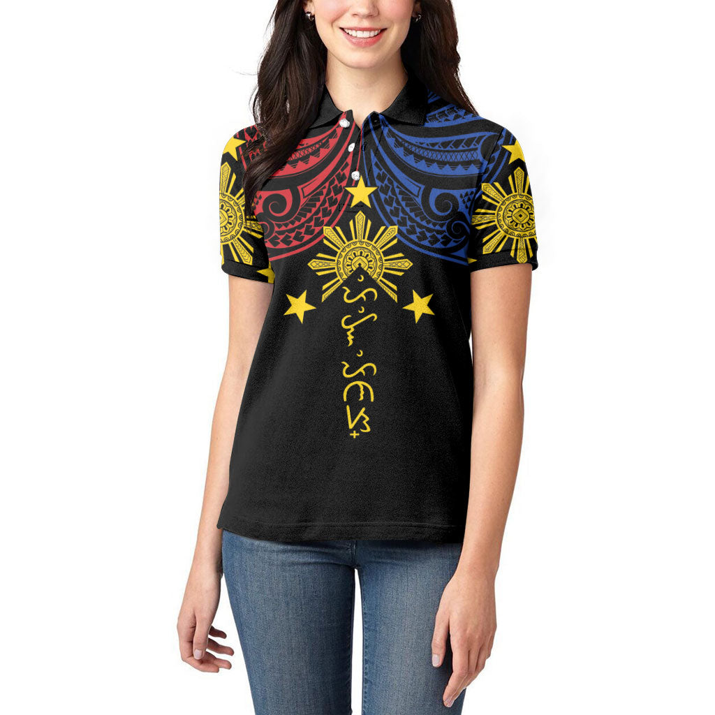 Philippines Heritage Personalized Women Polo Shirt Baybayin Philipinas Sun LT7 - Polynesian Pride