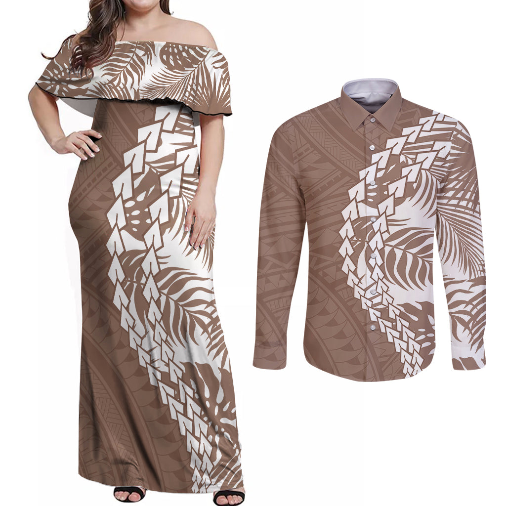 Polynesian Pride Couples Matching Off Shoulder Maxi Dress and Long Sleeve Button Shirts Polynesia Tribal - Tropical Brown LT7 Brown - Polynesian Pride