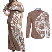 Polynesian Pride Couples Matching Off Shoulder Maxi Dress and Long Sleeve Button Shirts Polynesia Tribal - Tropical Brown LT7 Brown - Polynesian Pride