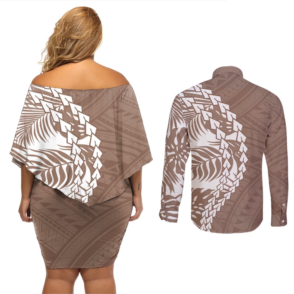 Polynesian Pride Couples Matching Off Shoulder Short Dress and Long Sleeve Button Shirts Polynesia Tribal - Tropical Brown LT7 - Polynesian Pride