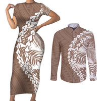 Polynesian Pride Couples Matching Short Sleeve Bodycon Dress and Long Sleeve Button Shirts Polynesia Tribal - Tropical Brown LT7 Brown - Polynesian Pride