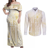 Samoa Lotu Tamaiti Mamanu Siapo Couples Matching Off Shoulder Maxi Dress and Long Sleeve Button Shirt Golden Plumeria - Polynesian Pride