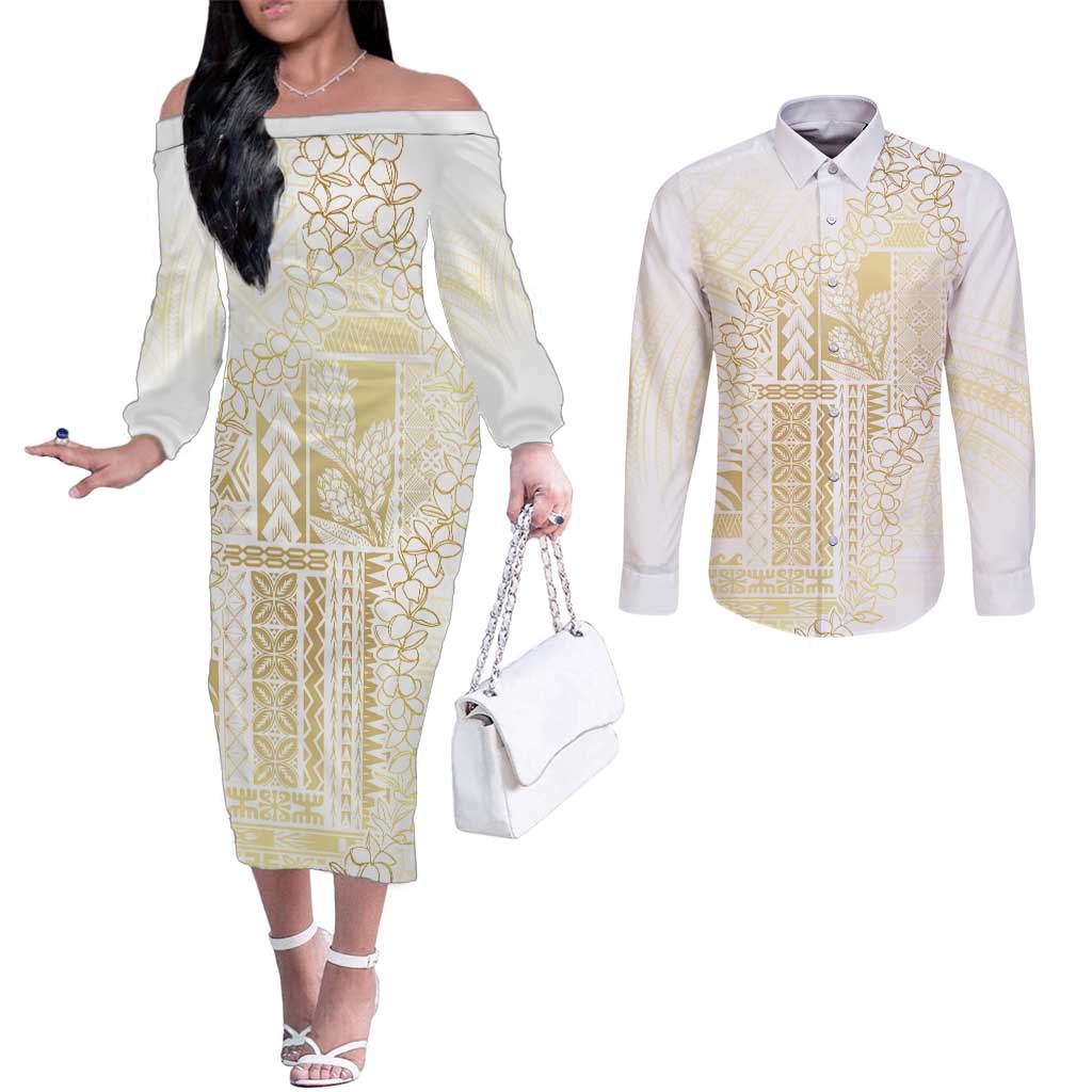 Samoa Lotu Tamaiti Mamanu Siapo Couples Matching Off The Shoulder Long Sleeve Dress and Long Sleeve Button Shirt Golden Plumeria - Polynesian Pride