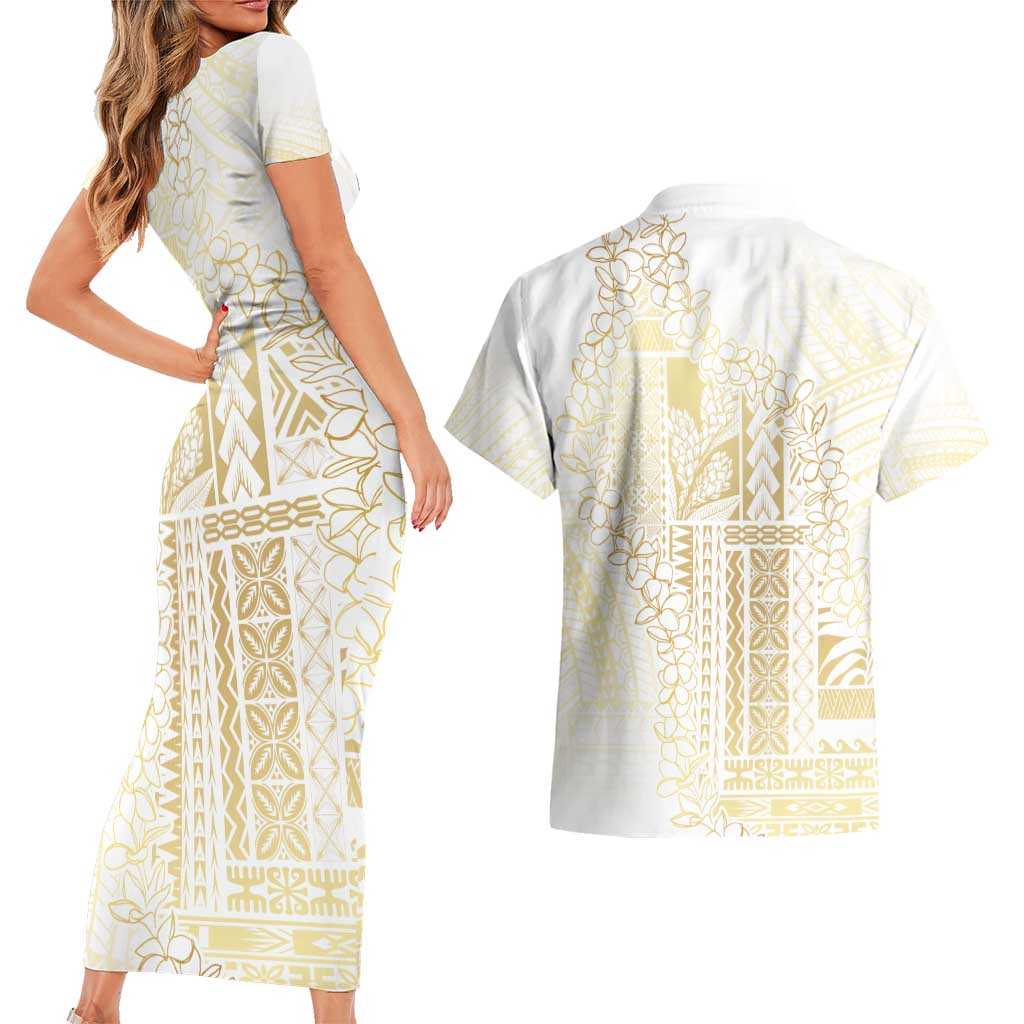 Samoa Lotu Tamaiti Mamanu Siapo Couples Matching Short Sleeve Bodycon Dress and Hawaiian Shirt Golden Plumeria - Polynesian Pride