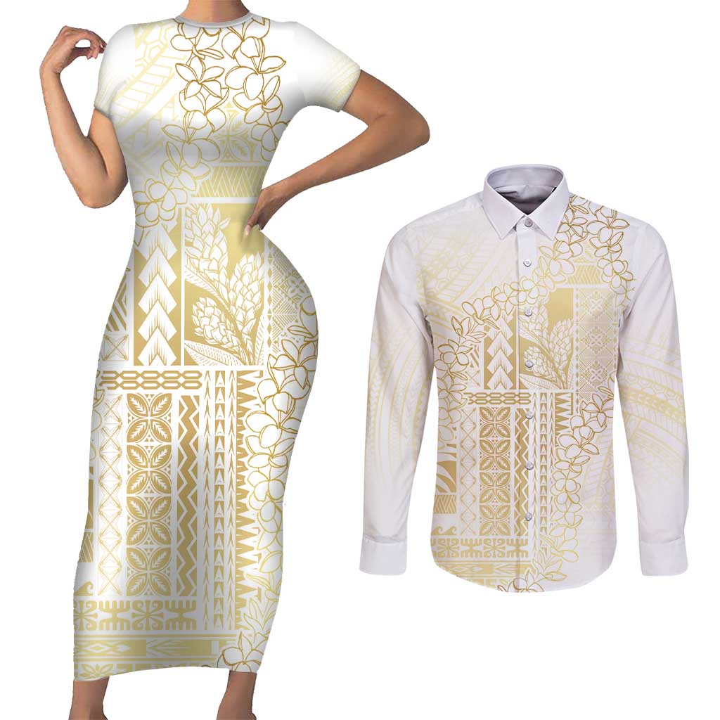 Samoa Lotu Tamaiti Mamanu Siapo Couples Matching Short Sleeve Bodycon Dress and Long Sleeve Button Shirt Golden Plumeria - Polynesian Pride