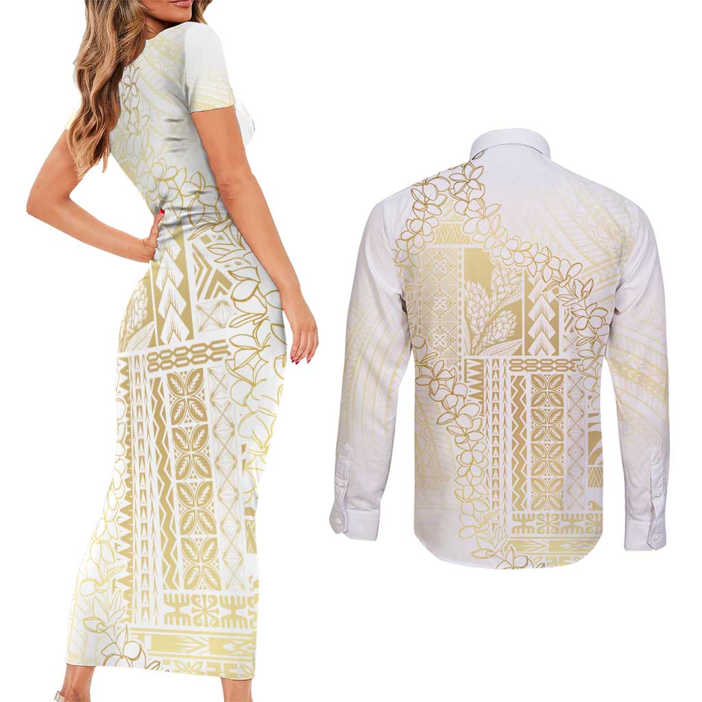 Samoa Lotu Tamaiti Mamanu Siapo Couples Matching Short Sleeve Bodycon Dress and Long Sleeve Button Shirt Golden Plumeria - Polynesian Pride