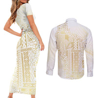 Samoa Lotu Tamaiti Mamanu Siapo Couples Matching Short Sleeve Bodycon Dress and Long Sleeve Button Shirt Golden Plumeria - Polynesian Pride