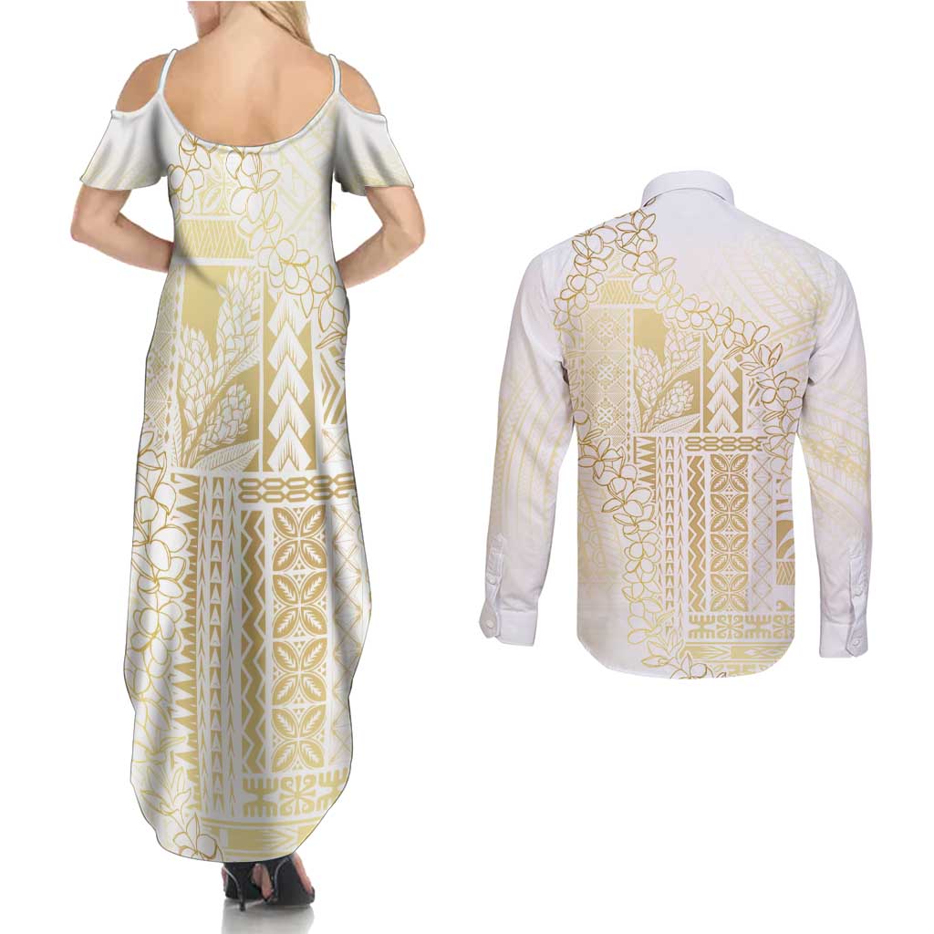 Samoa Lotu Tamaiti Mamanu Siapo Couples Matching Summer Maxi Dress and Long Sleeve Button Shirt Golden Plumeria - Polynesian Pride