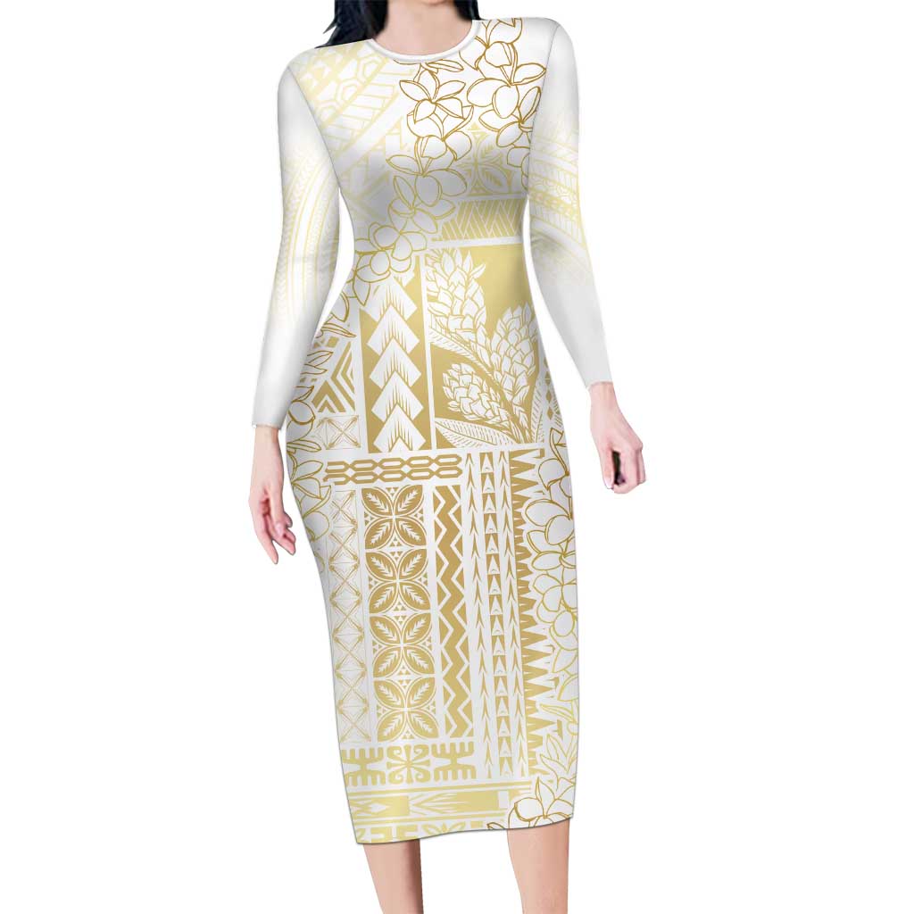 Samoa Lotu Tamaiti Mamanu Siapo Family Matching Long Sleeve Bodycon Dress and Hawaiian Shirt Golden Plumeria - Polynesian Pride