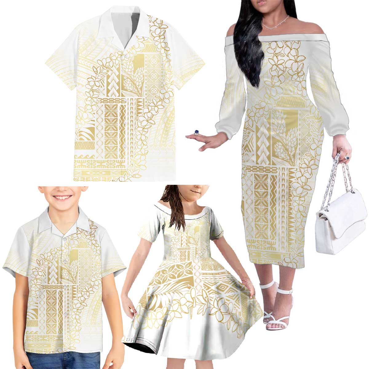 Samoa Lotu Tamaiti Mamanu Siapo Family Matching Off The Shoulder Long Sleeve Dress and Hawaiian Shirt Golden Plumeria - Polynesian Pride