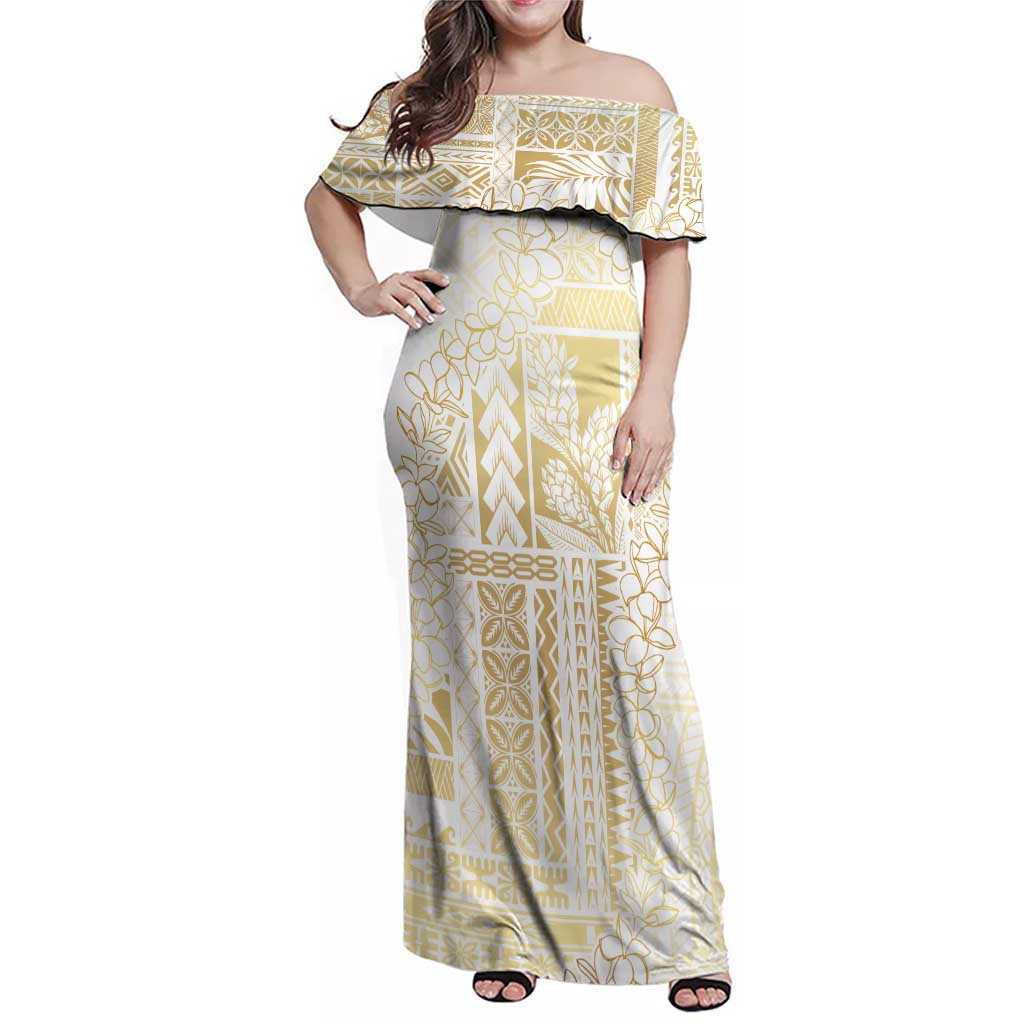 Samoa Lotu Tamaiti Mamanu Siapo Family Matching Off Shoulder Maxi Dress and Hawaiian Shirt Golden Plumeria - Polynesian Pride