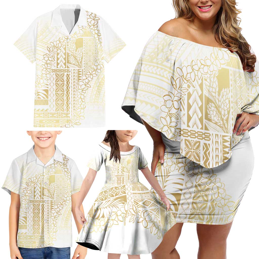 Samoa Lotu Tamaiti Mamanu Siapo Family Matching Off Shoulder Short Dress and Hawaiian Shirt Golden Plumeria - Polynesian Pride