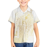 Samoa Lotu Tamaiti Mamanu Siapo Family Matching Off Shoulder Short Dress and Hawaiian Shirt Golden Plumeria - Polynesian Pride