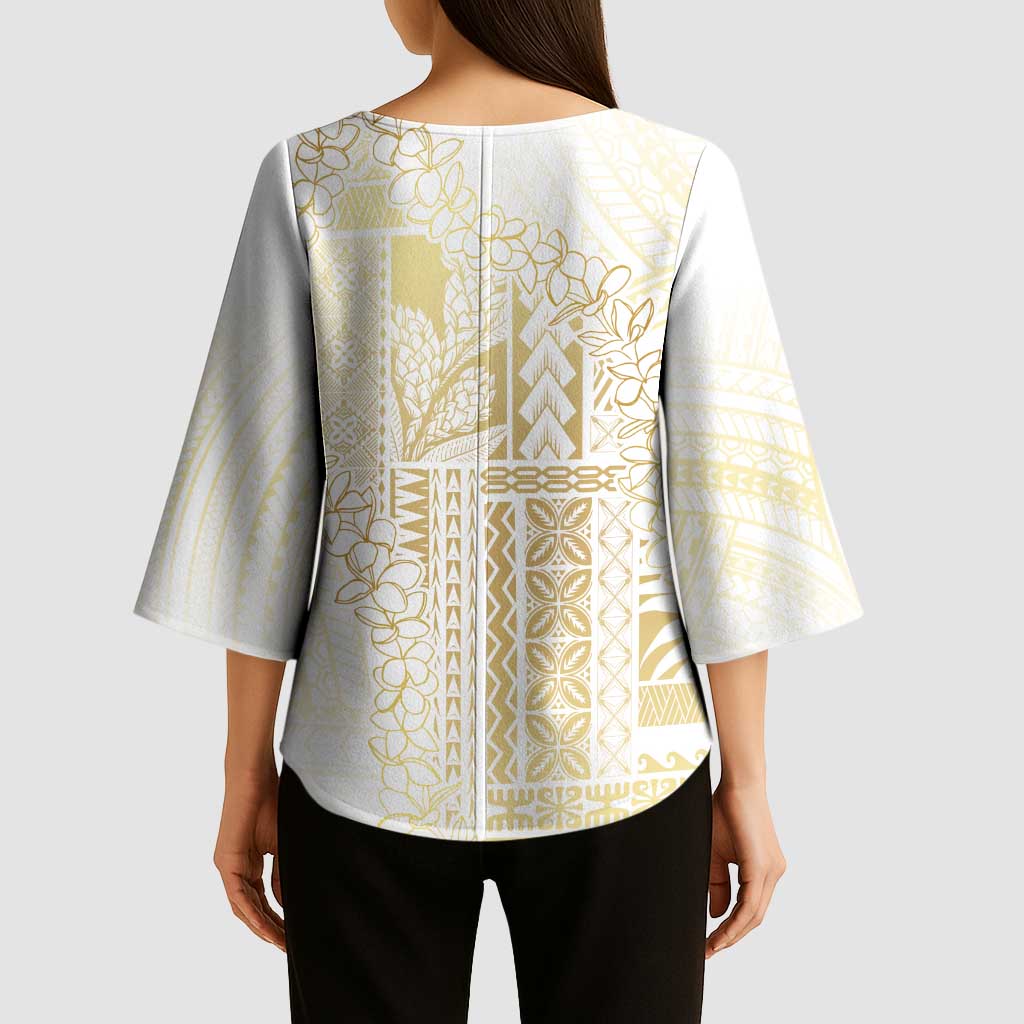 Samoa Lotu Tamaiti Mamanu Siapo Kimono Sleeve Blouse Golden Plumeria - Polynesian Pride