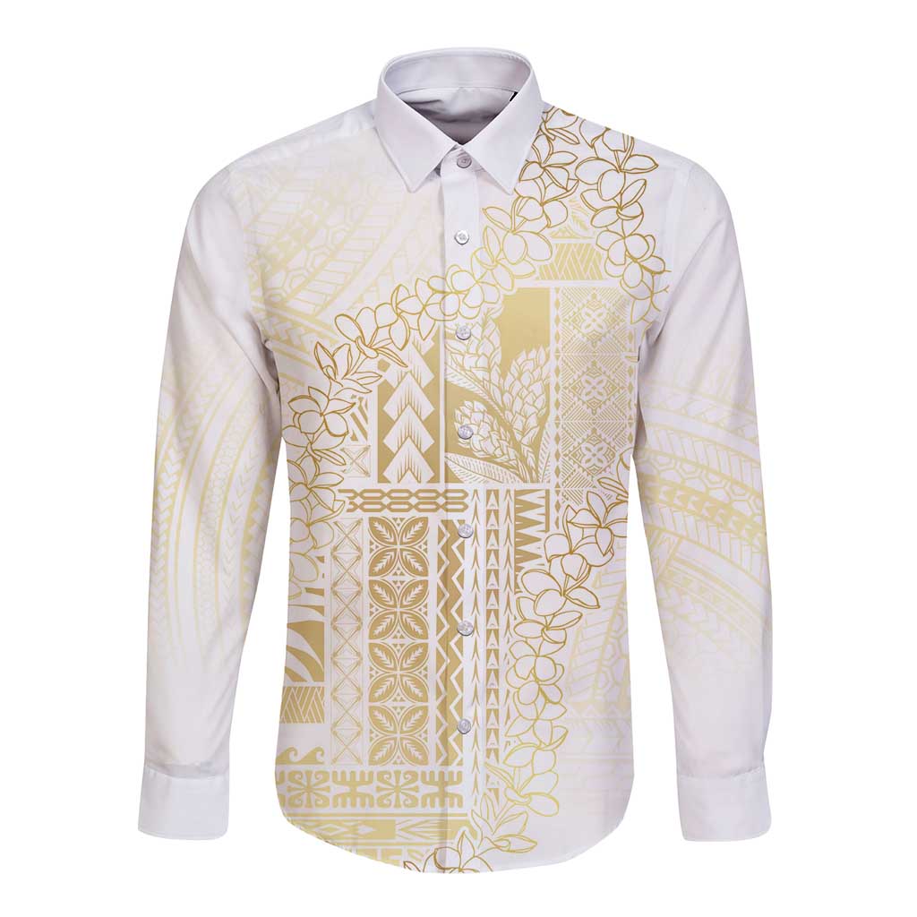 Samoa Lotu Tamaiti Mamanu Siapo Long Sleeve Button Shirt Golden Plumeria - Polynesian Pride