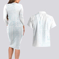 Samoa Lotu Tamaiti Mamanu Siapo Couples Matching Long Sleeve Bodycon Dress and Hawaiian Shirt Off White Plumeria - Polynesian Pride