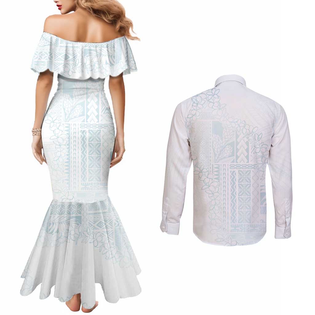 Samoa Lotu Tamaiti Mamanu Siapo Couples Matching Mermaid Dress and Long Sleeve Button Shirt Off White Plumeria - Polynesian Pride