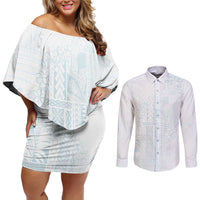 Samoa Lotu Tamaiti Mamanu Siapo Couples Matching Off Shoulder Short Dress and Long Sleeve Button Shirt Off White Plumeria - Polynesian Pride
