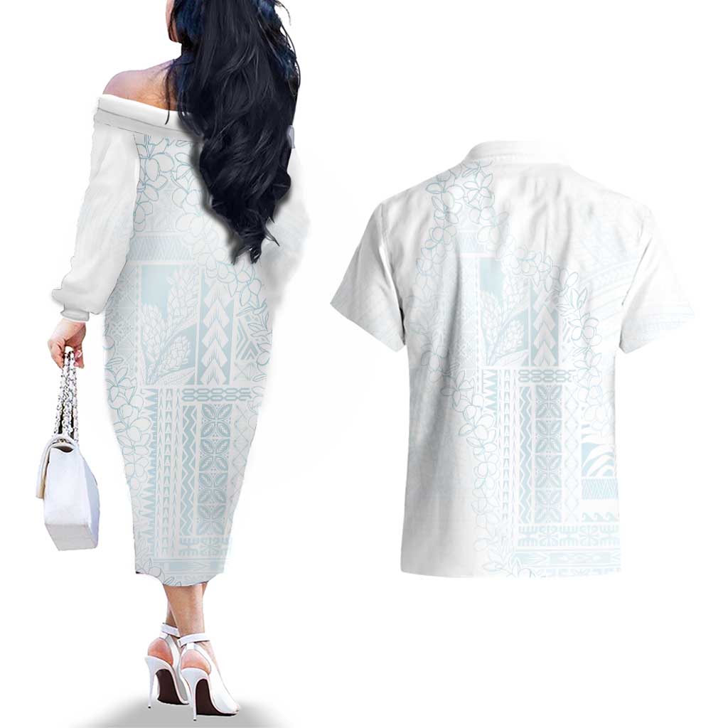 Samoa Lotu Tamaiti Mamanu Siapo Couples Matching Off The Shoulder Long Sleeve Dress and Hawaiian Shirt Off White Plumeria - Polynesian Pride