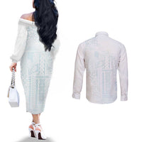 Samoa Lotu Tamaiti Mamanu Siapo Couples Matching Off The Shoulder Long Sleeve Dress and Long Sleeve Button Shirt Off White Plumeria - Polynesian Pride