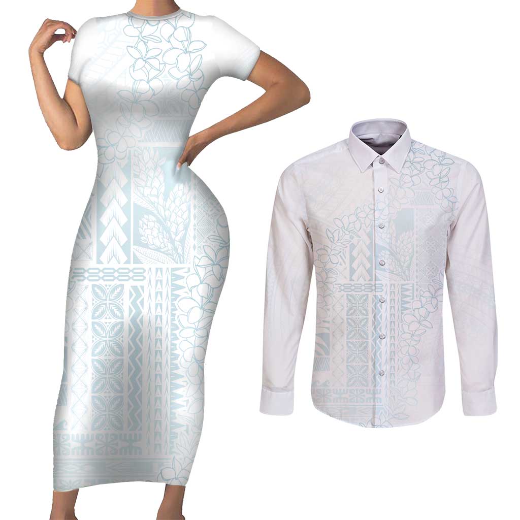 Samoa Lotu Tamaiti Mamanu Siapo Couples Matching Short Sleeve Bodycon Dress and Long Sleeve Button Shirt Off White Plumeria - Polynesian Pride