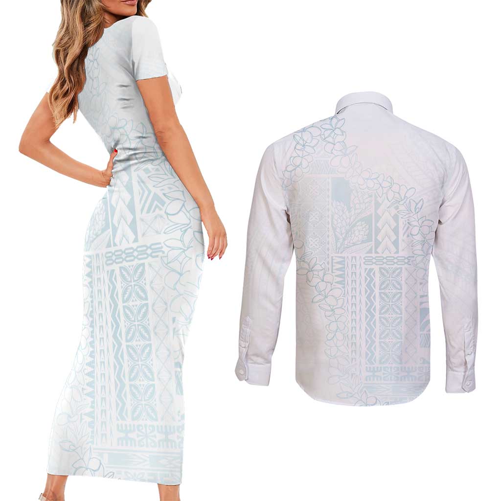 Samoa Lotu Tamaiti Mamanu Siapo Couples Matching Short Sleeve Bodycon Dress and Long Sleeve Button Shirt Off White Plumeria - Polynesian Pride