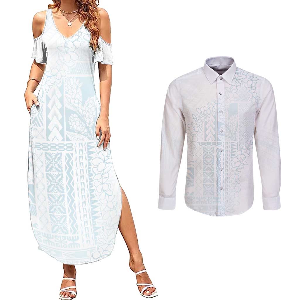 Samoa Lotu Tamaiti Mamanu Siapo Couples Matching Summer Maxi Dress and Long Sleeve Button Shirt Off White Plumeria - Polynesian Pride