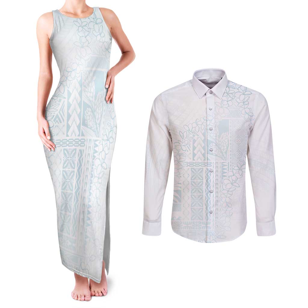 Samoa Lotu Tamaiti Mamanu Siapo Couples Matching Tank Maxi Dress and Long Sleeve Button Shirt Off White Plumeria - Polynesian Pride