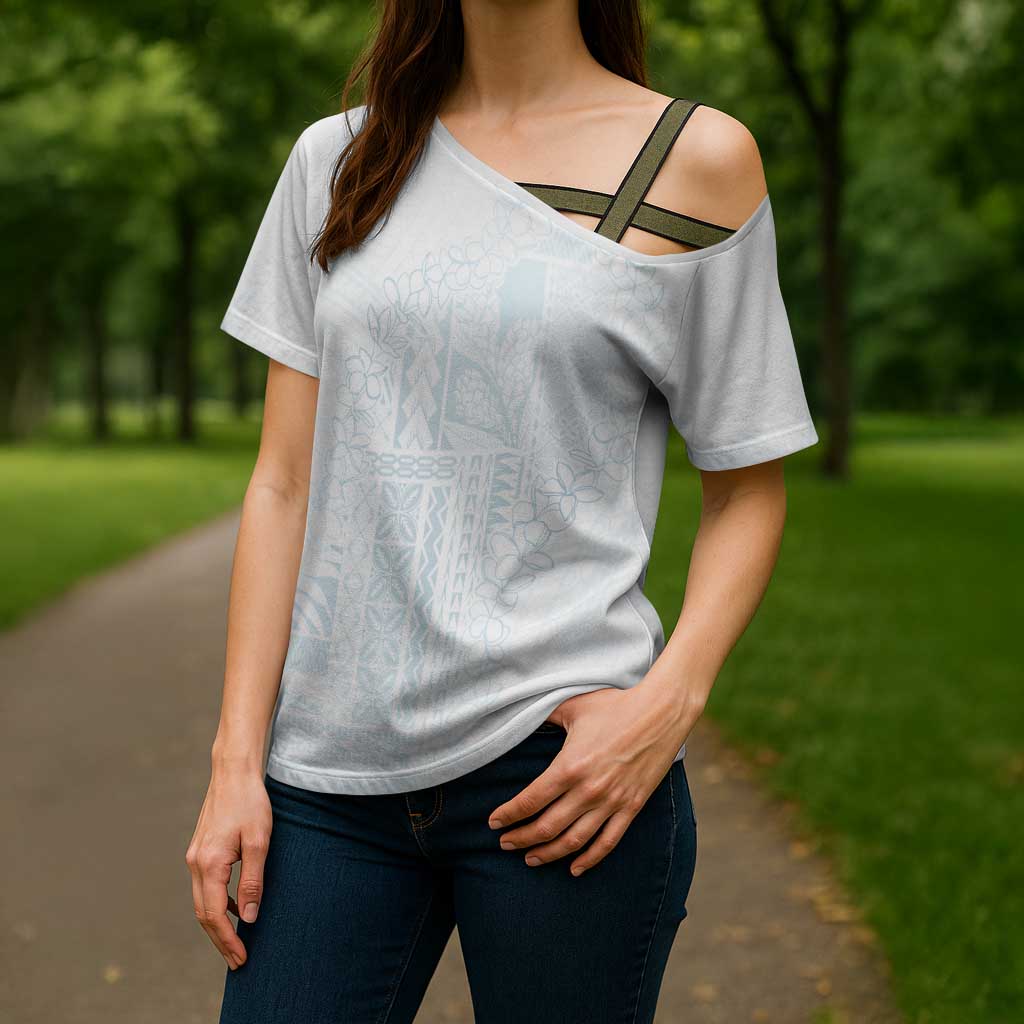 Samoa Lotu Tamaiti Mamanu Siapo Cross Shoulder Shirt Off White Plumeria - Polynesian Pride