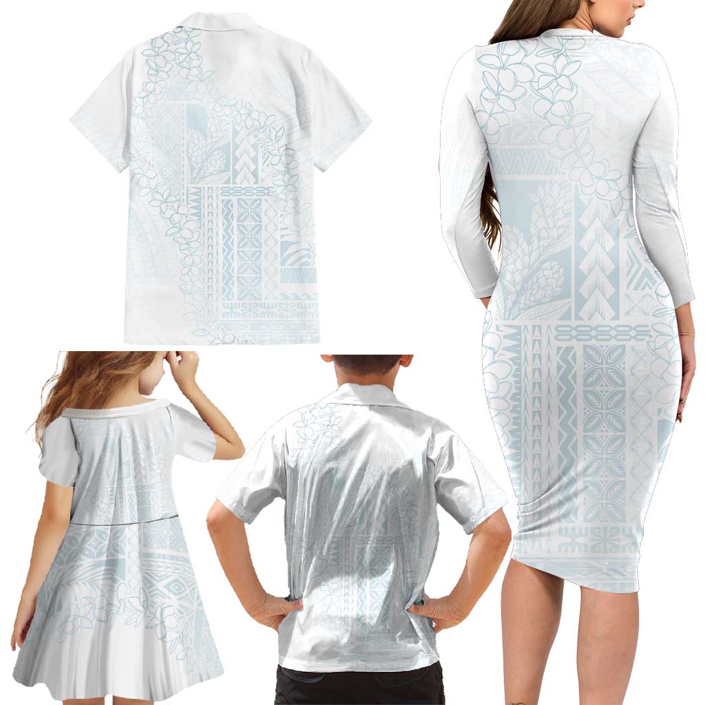 Samoa Lotu Tamaiti Mamanu Siapo Family Matching Long Sleeve Bodycon Dress and Hawaiian Shirt Off White Plumeria - Polynesian Pride
