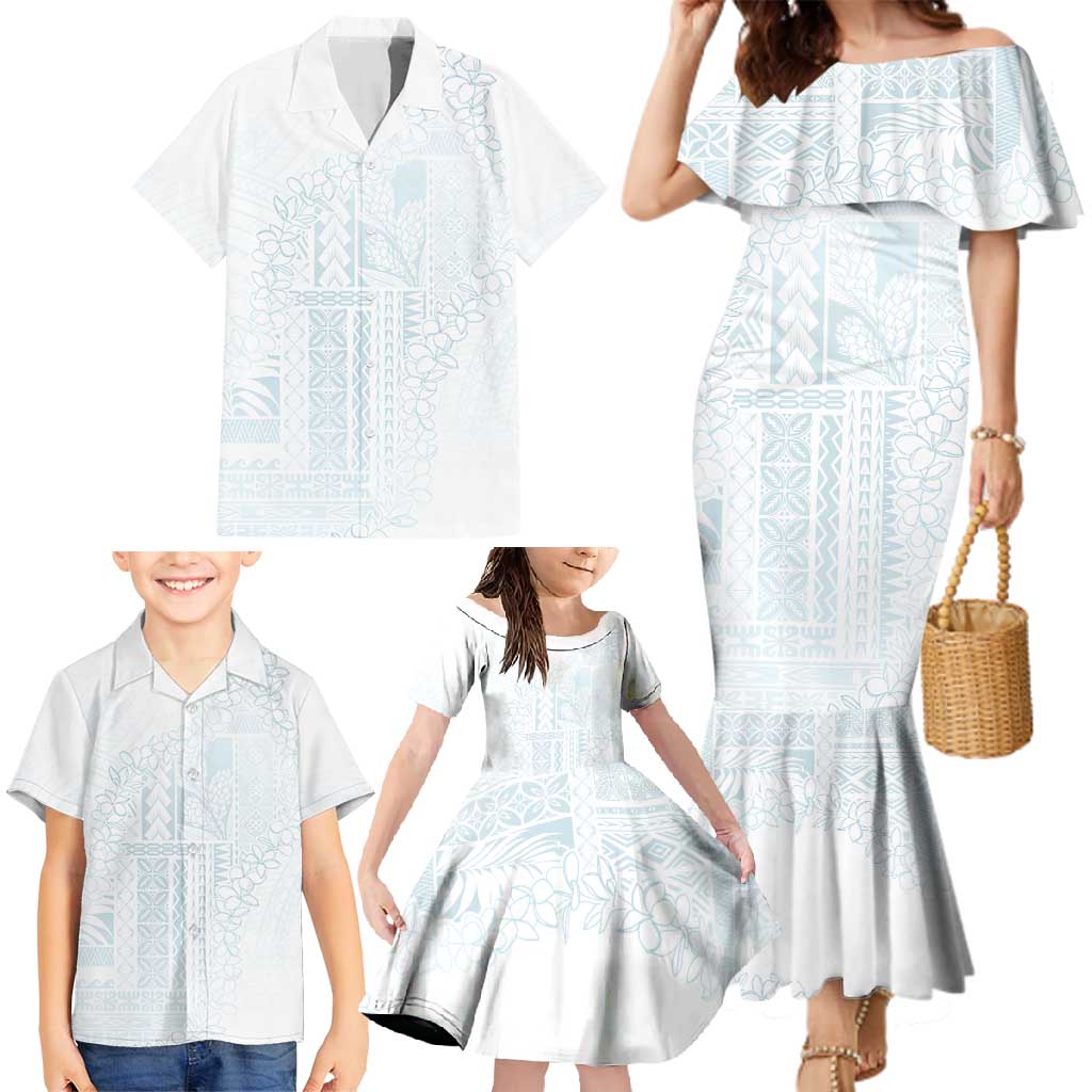 Samoa Lotu Tamaiti Mamanu Siapo Family Matching Mermaid Dress and Hawaiian Shirt Off White Plumeria - Polynesian Pride