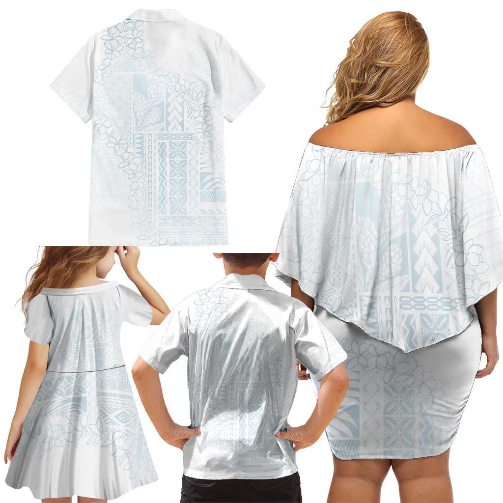 Samoa Lotu Tamaiti Mamanu Siapo Family Matching Off Shoulder Short Dress and Hawaiian Shirt Off White Plumeria - Polynesian Pride