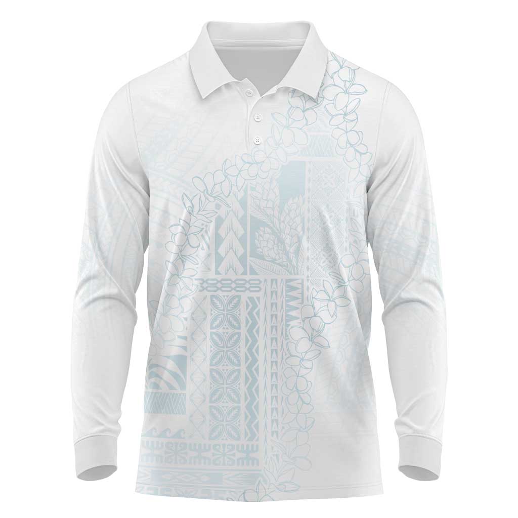 Samoa Lotu Tamaiti Mamanu Siapo Long Sleeve Polo Shirt Off White Plumeria LT7 Baby Blue - Polynesian Pride