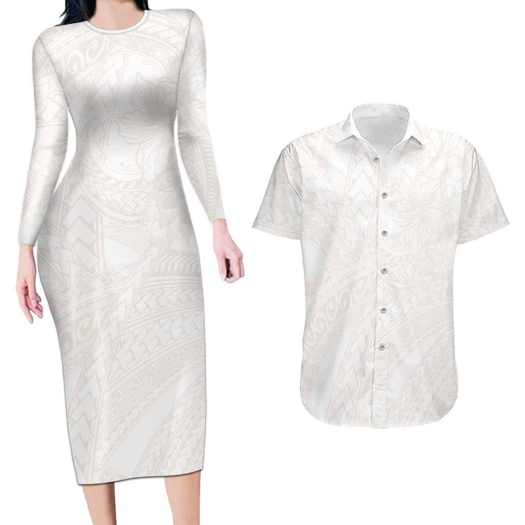 Samoa Lotu Tamaiti Ivory Couples Matching Long Sleeve Bodycon Dress and Hawaiian Shirt Teuila Tatau - Polynesian Pride