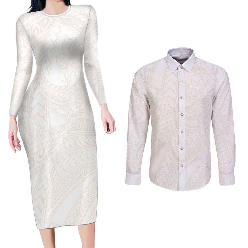 Samoa Lotu Tamaiti Ivory Couples Matching Long Sleeve Bodycon Dress and Long Sleeve Button Shirt Teuila Tatau - Polynesian Pride
