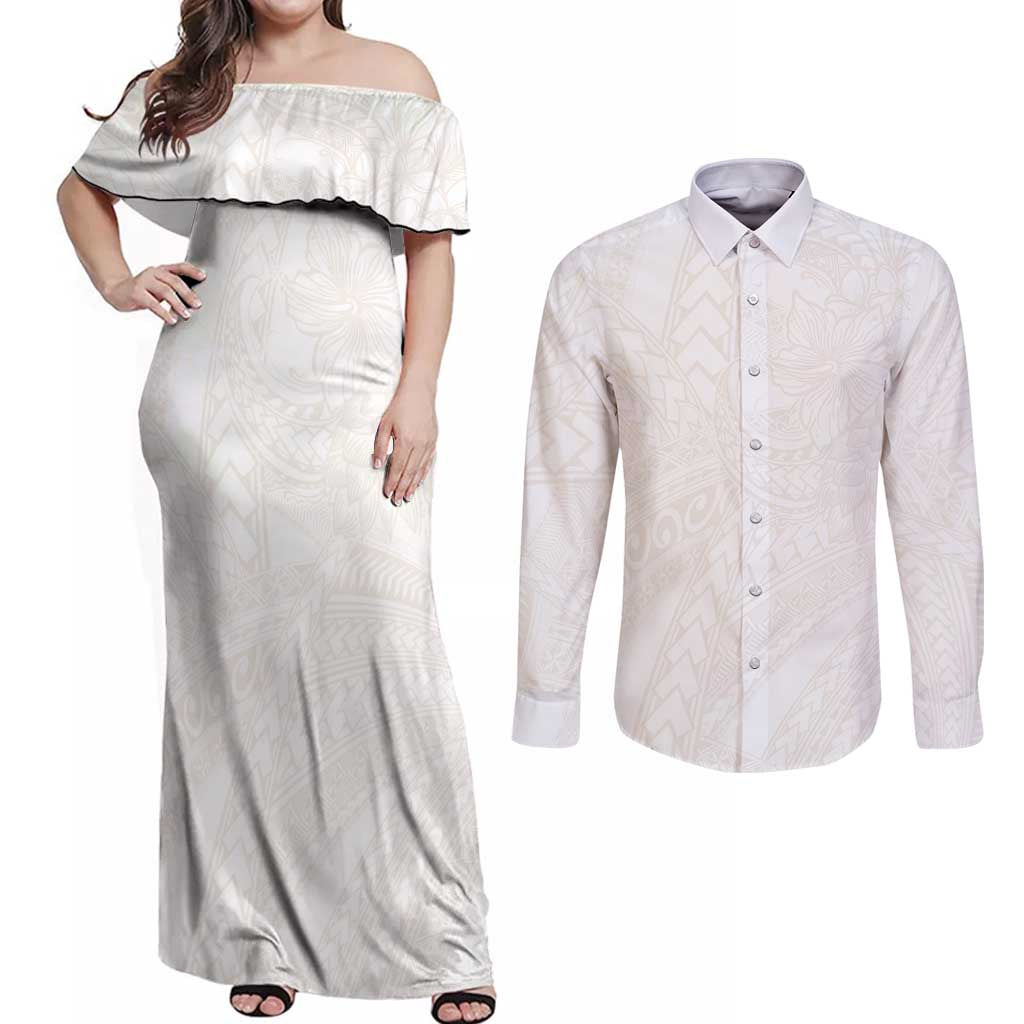 Samoa Lotu Tamaiti Ivory Couples Matching Off Shoulder Maxi Dress and Long Sleeve Button Shirt Teuila Tatau - Polynesian Pride