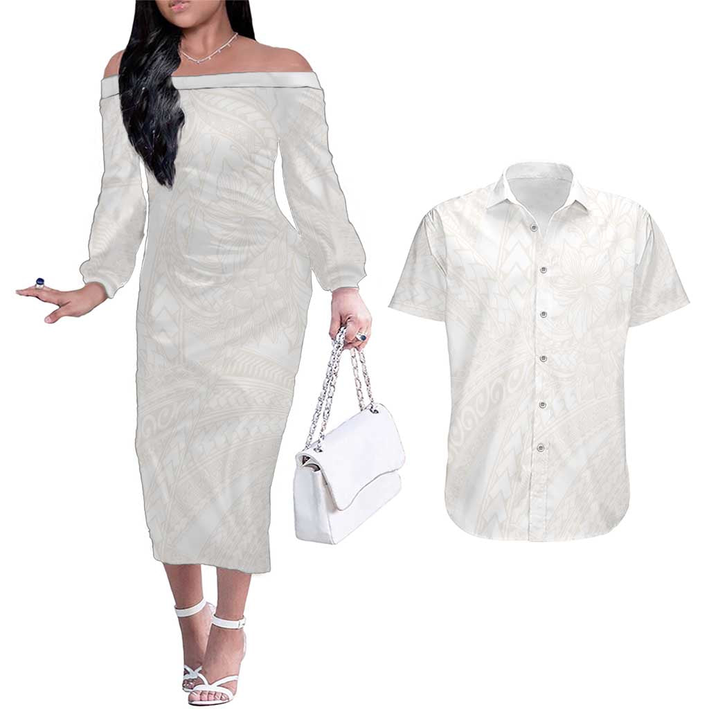 Samoa Lotu Tamaiti Ivory Couples Matching Off The Shoulder Long Sleeve Dress and Hawaiian Shirt Teuila Tatau - Polynesian Pride