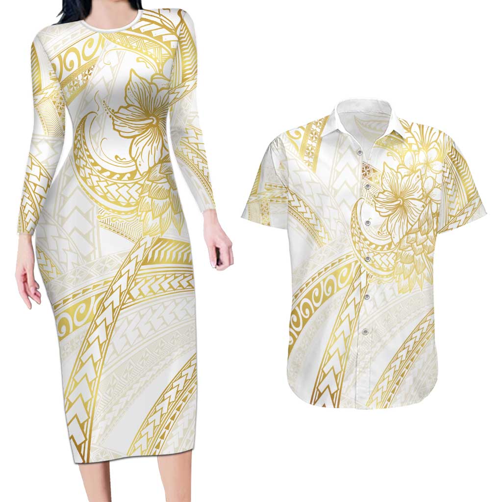 Samoa Lotu Tamaiti Gold Couples Matching Long Sleeve Bodycon Dress and Hawaiian Shirt Teuila Tatau - Polynesian Pride