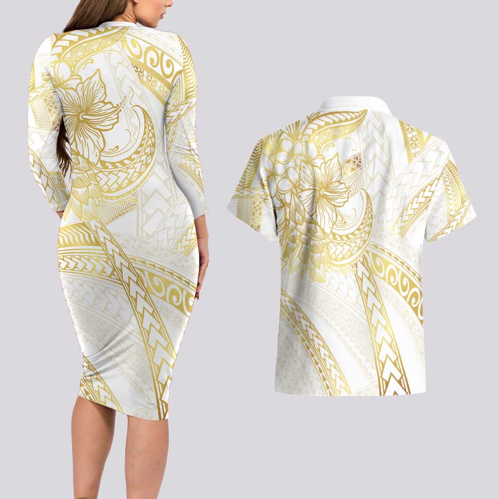 Samoa Lotu Tamaiti Gold Couples Matching Long Sleeve Bodycon Dress and Hawaiian Shirt Teuila Tatau - Polynesian Pride