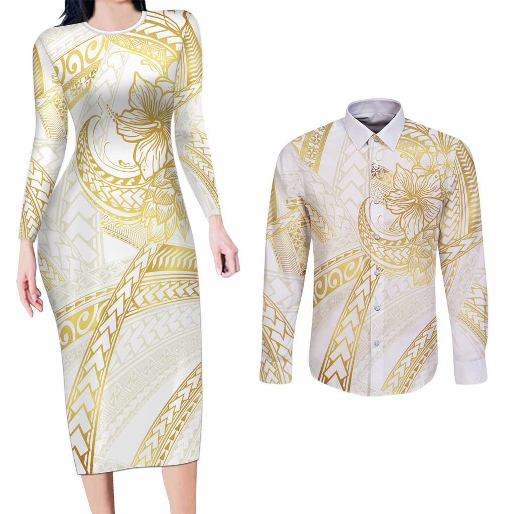 Samoa Lotu Tamaiti Gold Couples Matching Long Sleeve Bodycon Dress and Long Sleeve Button Shirt Teuila Tatau - Polynesian Pride