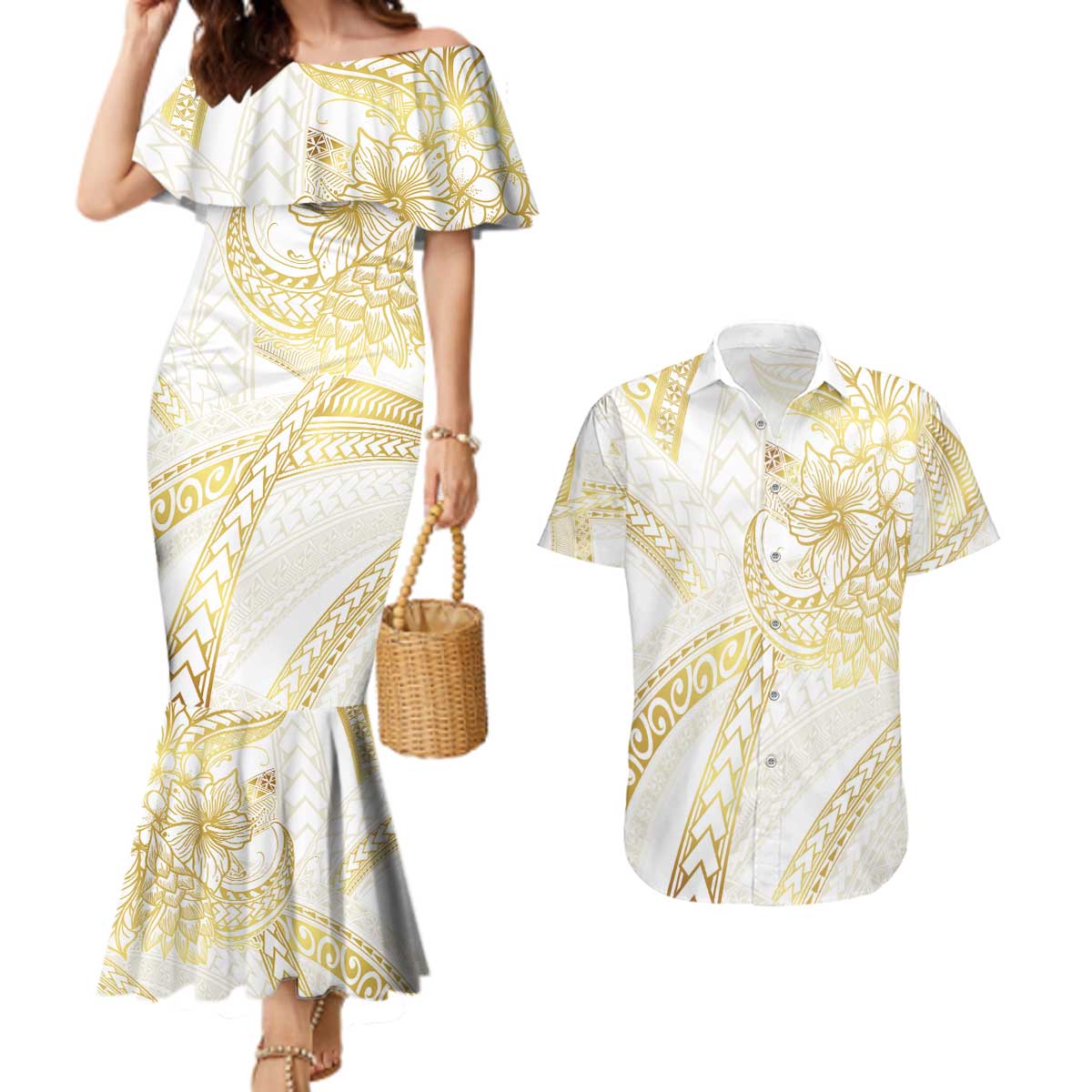 Samoa Lotu Tamaiti Gold Couples Matching Mermaid Dress and Hawaiian Shirt Teuila Tatau - Polynesian Pride
