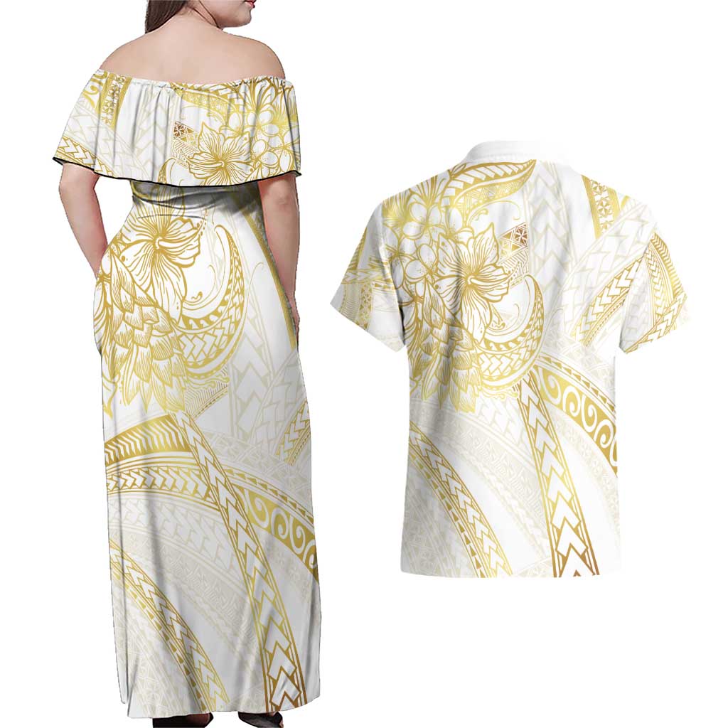 Samoa Lotu Tamaiti Gold Couples Matching Off Shoulder Maxi Dress and Hawaiian Shirt Teuila Tatau - Polynesian Pride