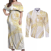 Samoa Lotu Tamaiti Gold Couples Matching Off Shoulder Maxi Dress and Long Sleeve Button Shirt Teuila Tatau - Polynesian Pride