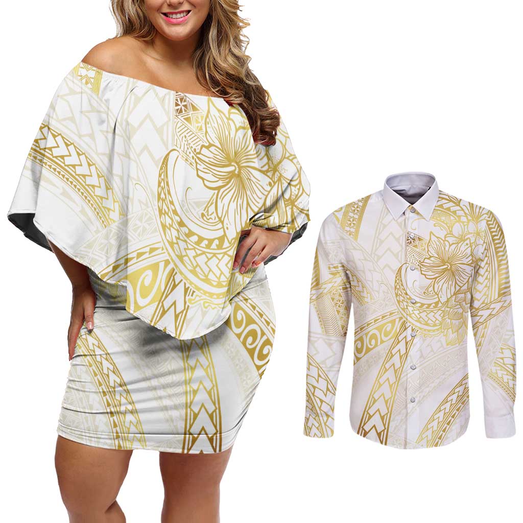 Samoa Lotu Tamaiti Gold Couples Matching Off Shoulder Short Dress and Long Sleeve Button Shirt Teuila Tatau - Polynesian Pride
