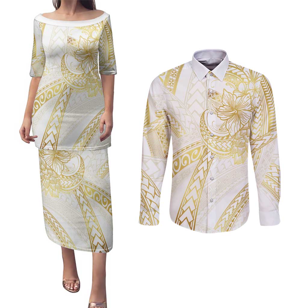 Samoa Lotu Tamaiti Gold Couples Matching Puletasi and Long Sleeve Button Shirt Teuila Tatau - Polynesian Pride