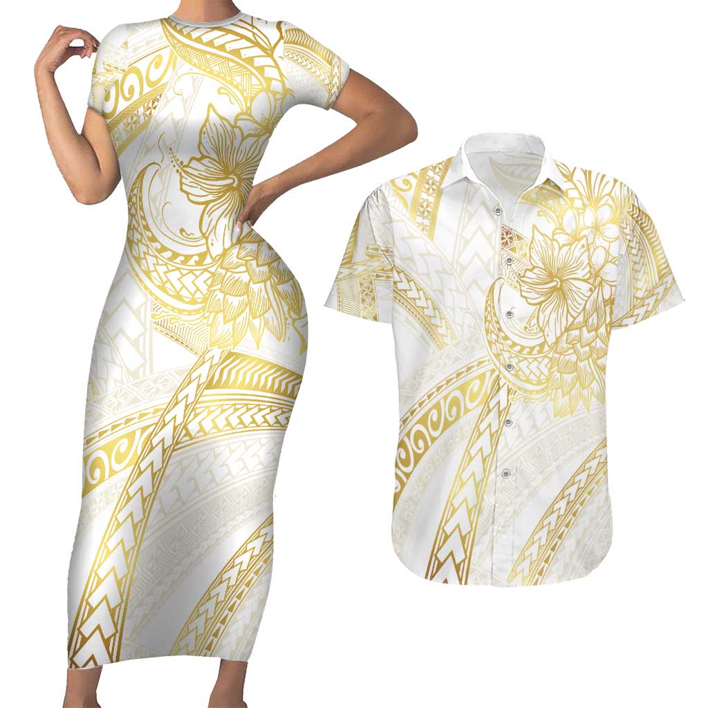 Samoa Lotu Tamaiti Gold Couples Matching Short Sleeve Bodycon Dress and Hawaiian Shirt Teuila Tatau - Polynesian Pride